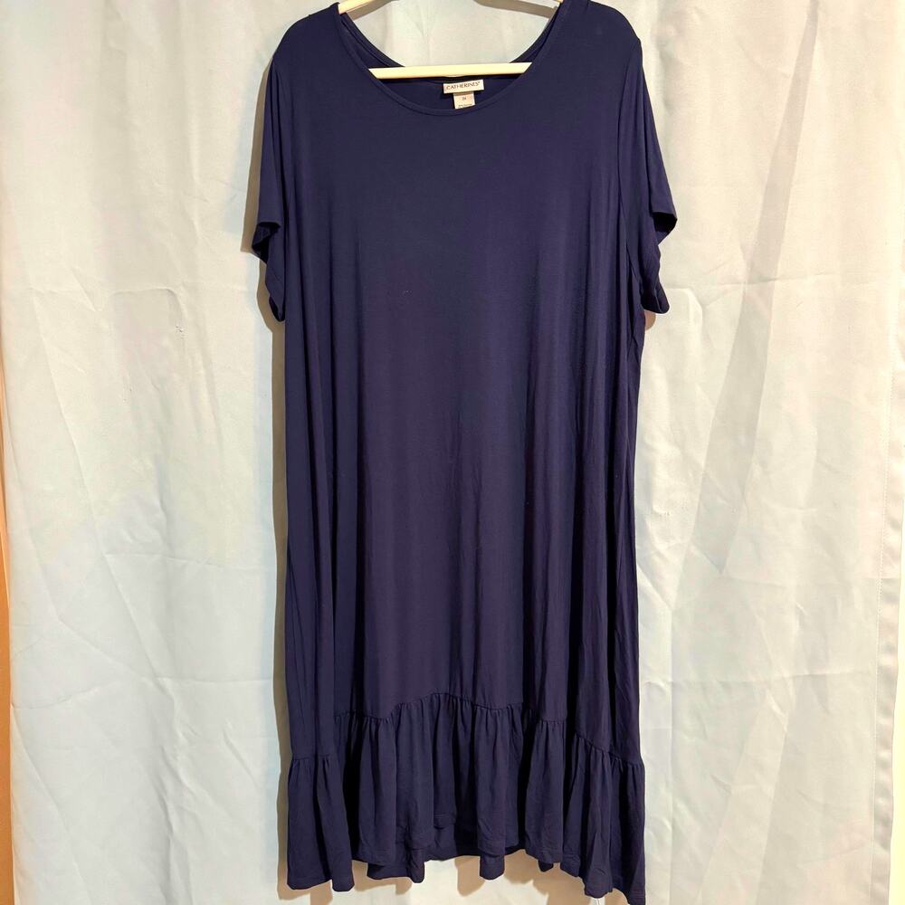 Catherine's Navy Blue Stretch Day Dress Ruffle Hem Short Sleeve Size 2X or 22/24